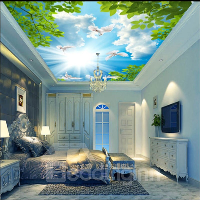 3D Blue Sky and Green Plants Waterproof Sturdy and Eco-friendly Ceiling Murals