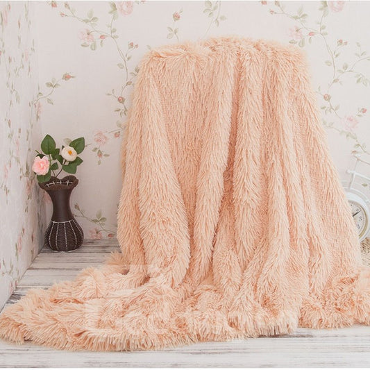 Solid Beige Long Shaggy Chic Fuzzy Faux Fur Throw Blankets