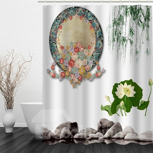 3D Mirror Flowers and Leaves Polyester Waterproof and Eco-friendly White Shower Curtain