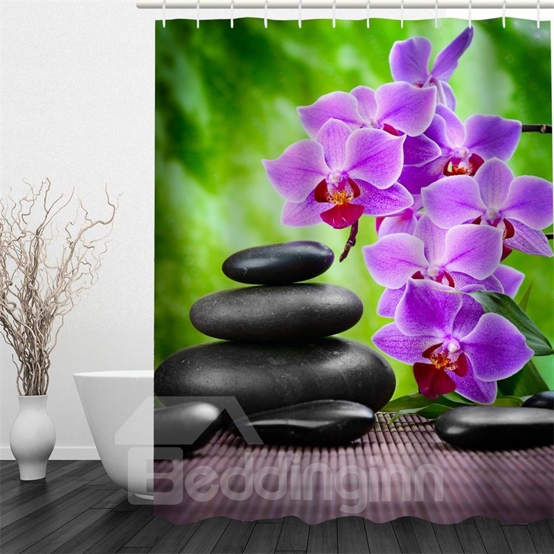 3D Purple Flowers and Black Stones Polyester Waterproof and Eco-friendly Shower Curtain