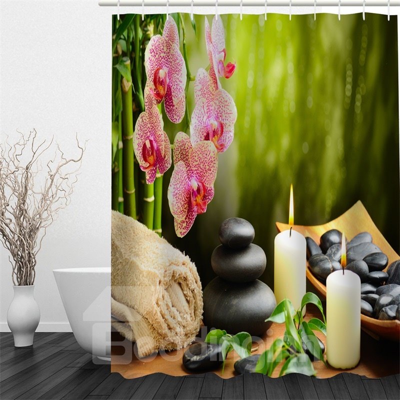 3D-Zündkerzen, Steine, Blumen und Handtuch. Wasserdichter und umweltfreundlicher Duschvorhang aus Polyester