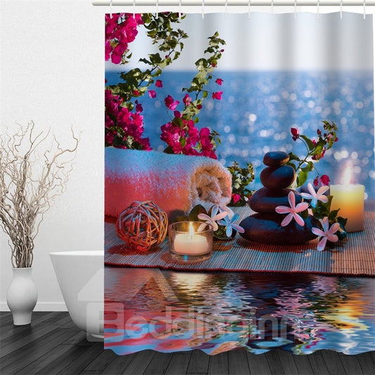 3D Flowers Stones Candles and Towel Polyester Waterproof and Eco-friendly Shower Curtain