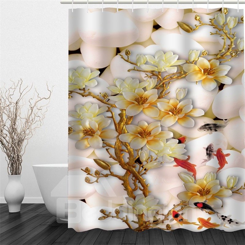 Cortina de ducha impermeable y ecológica de poliéster con patrón de flores blancas 3D
