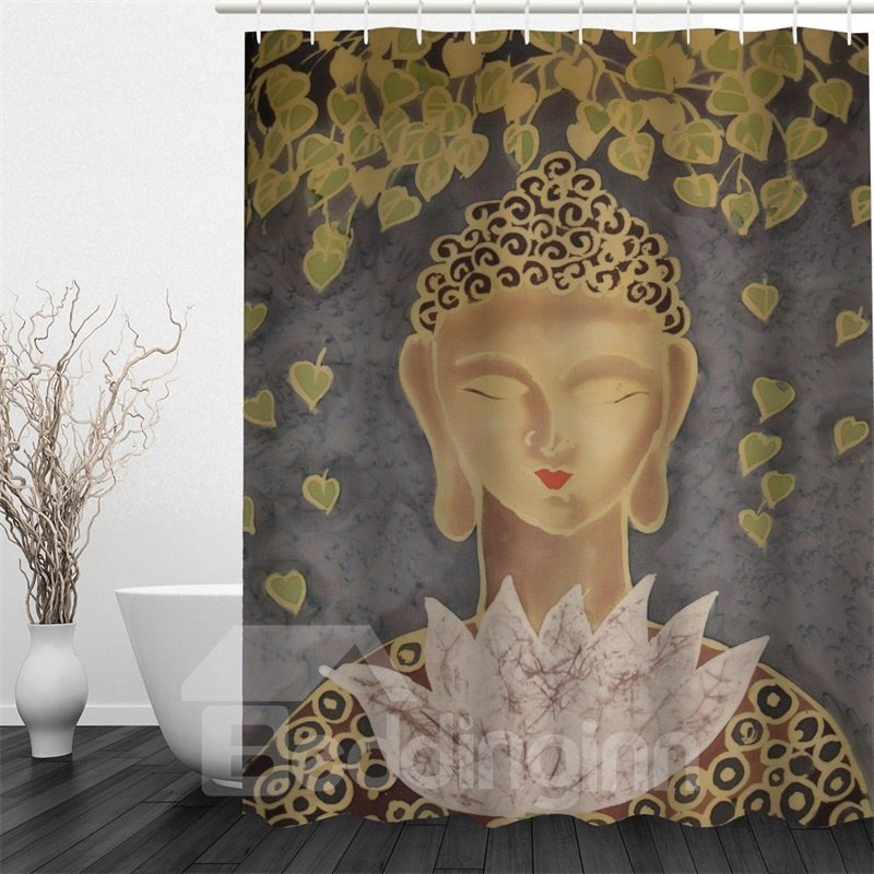 Wasserdichter und umweltfreundlicher Duschvorhang aus Polyester mit 3D-Buddha- und Lotusmuster