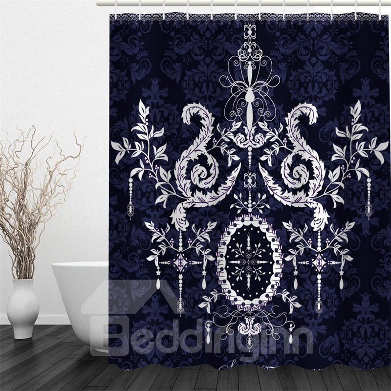 3D White Floral Pattern Polyester Waterproof and Eco-friendly Black Shower Curtain
