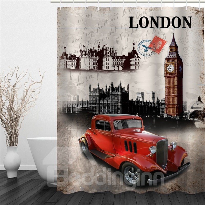 Wasserdichter und umweltfreundlicher 3D-Duschvorhang aus Polyester mit rotem Auto und Architekturen in London