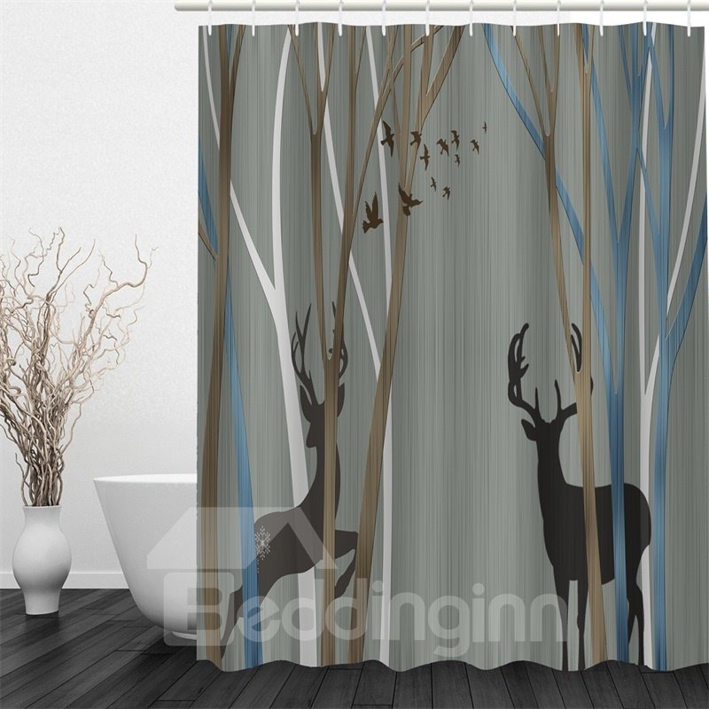 Cortina de ducha ecológica y impermeable de poliéster con estampado de ciervos y pájaros en 3D