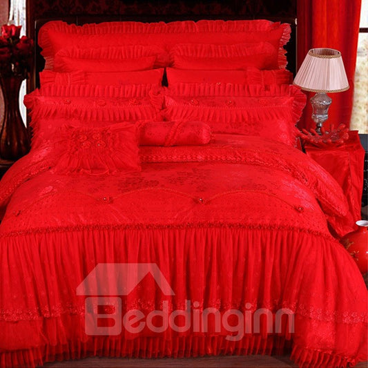 Juego de cama/funda nórdica de 4 piezas de algodón rojo con bordes de encaje estampado floral estilo boda