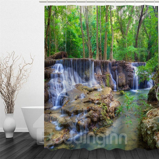 Cortina de ducha impermeable y ecológica de poliéster con patrón de bosque 3D