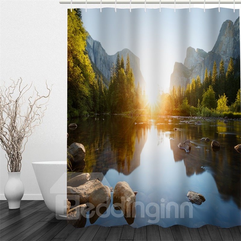 3D Mountains Trees Surrounding Lake in Sunshine Polyester Waterproof Antibacterial Eco-friendly Shower Curtain