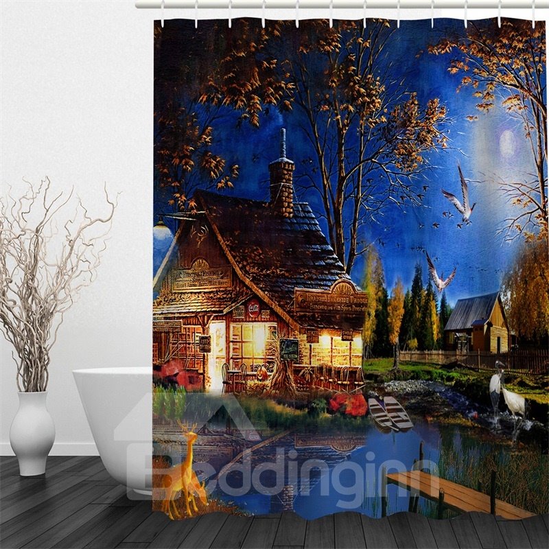 3D Lightening Houses at Night Pattern Polyester Waterproof Antibacterial and Eco-friendly Shower Curtain