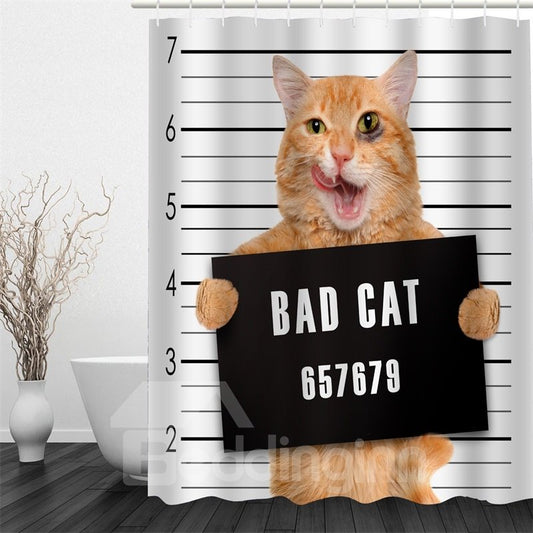 Cortina de ducha blanca antibacteriana y ecológica impermeable de poliéster con patrón de gato malo 3D