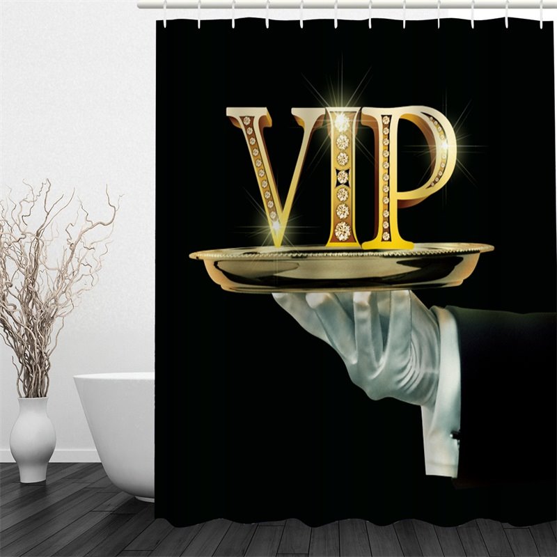 3D Golden VIP Pattern Polyester Waterproof Antibacterial and Eco-friendly Black Shower Curtain