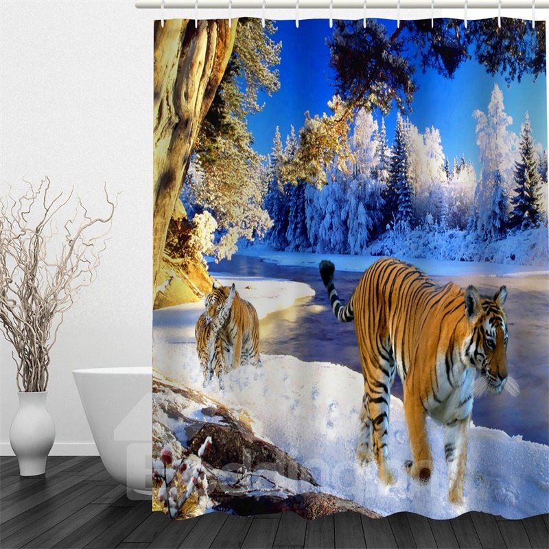 3D Walking Tigers on Snowy Ground Polyester Waterproof Antibacterial and Eco-friendly Shower Curtain