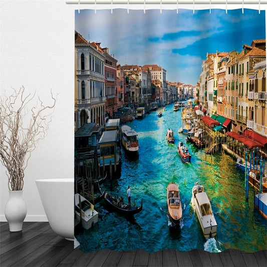 Water Tower Printed Polyester Waterproof Antibacterial and Eco-friendly Shower Curtain