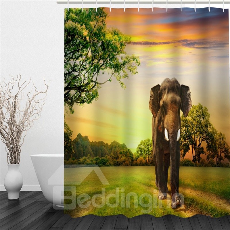 3D Elephant Standing on Green Lawn Polyester Waterproof and Eco-friendly Shower Curtain