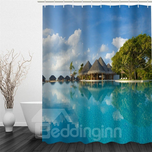 3D Blue Lake and Pavilion Polyester Waterproof Antibacterial and Eco-friendly Shower Curtain