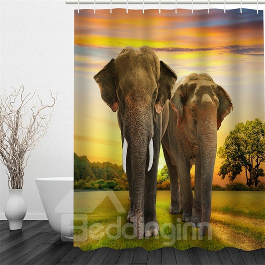 Wasserdichter und umweltfreundlicher Duschvorhang aus Polyester mit 3D-Elefanten im Sonnenaufgangsmuster