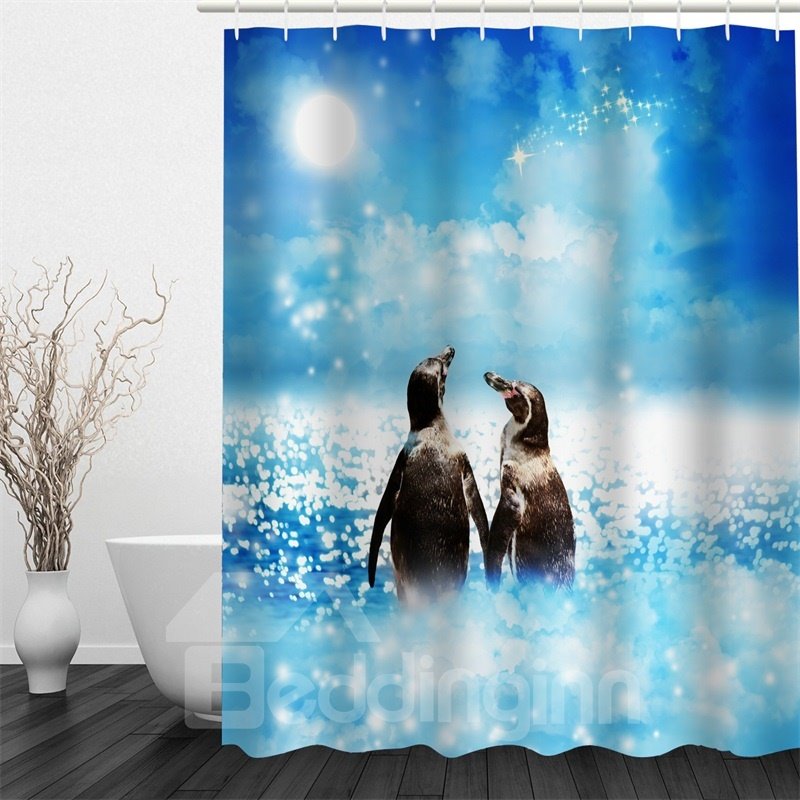 3D Penguins in Shining Sea Polyester Waterproof Antibacterial and Eco-friendly Shower Curtain