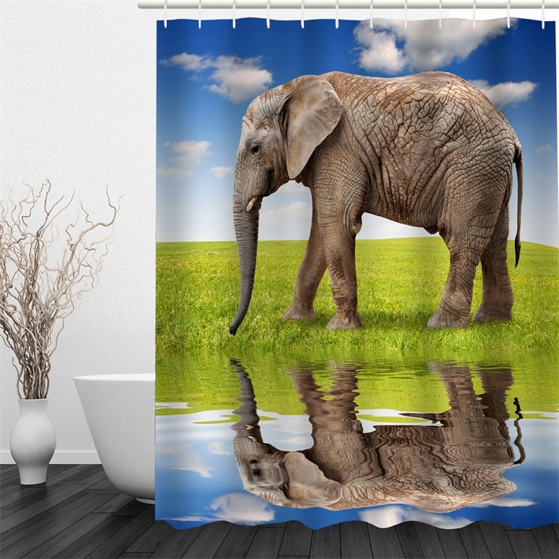 3D Walking Elephant beside Lake Polyester Waterproof Antibacterial and Eco-friendly Shower Curtain