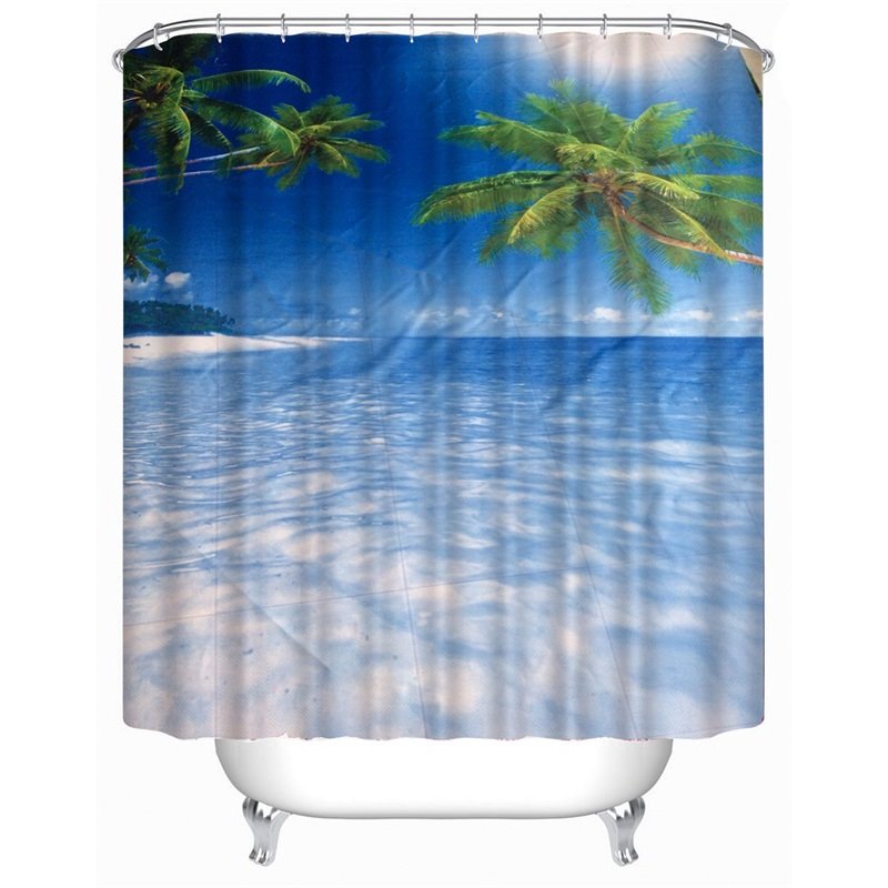 3D Blue Sea and Palms Polyester Waterproof Antibacterial and Eco-friendly Shower Curtain