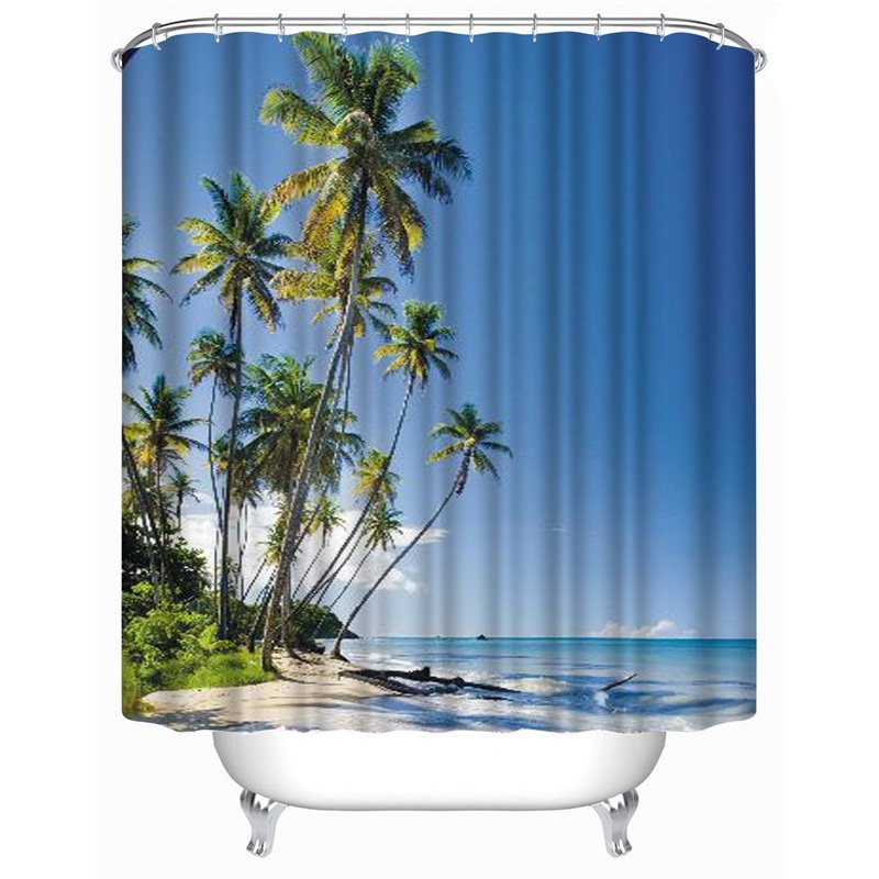 3D Beach in Blue Sky Printed Polyester Waterproof Antibacterial and Eco-friendly Shower Curtain
