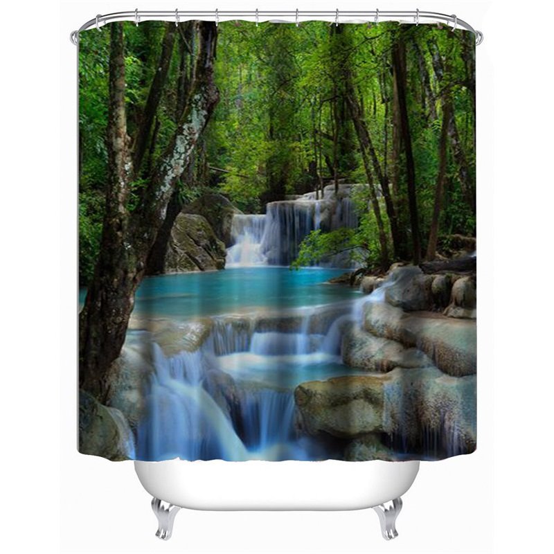 3D Green Forest Surrounding Lake Polyester Waterproof Antibacterial and Eco-friendly Shower Curtain