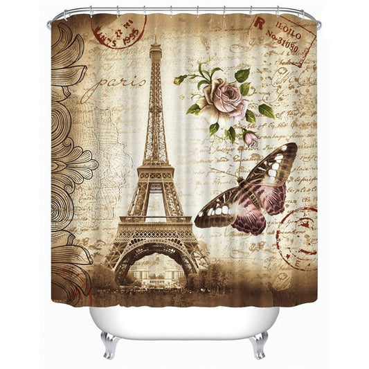 Wasserdichter, antibakterieller und umweltfreundlicher Duschvorhang aus Polyester mit 3D-Motiv „Turm Glower“ und „Schmetterling“.