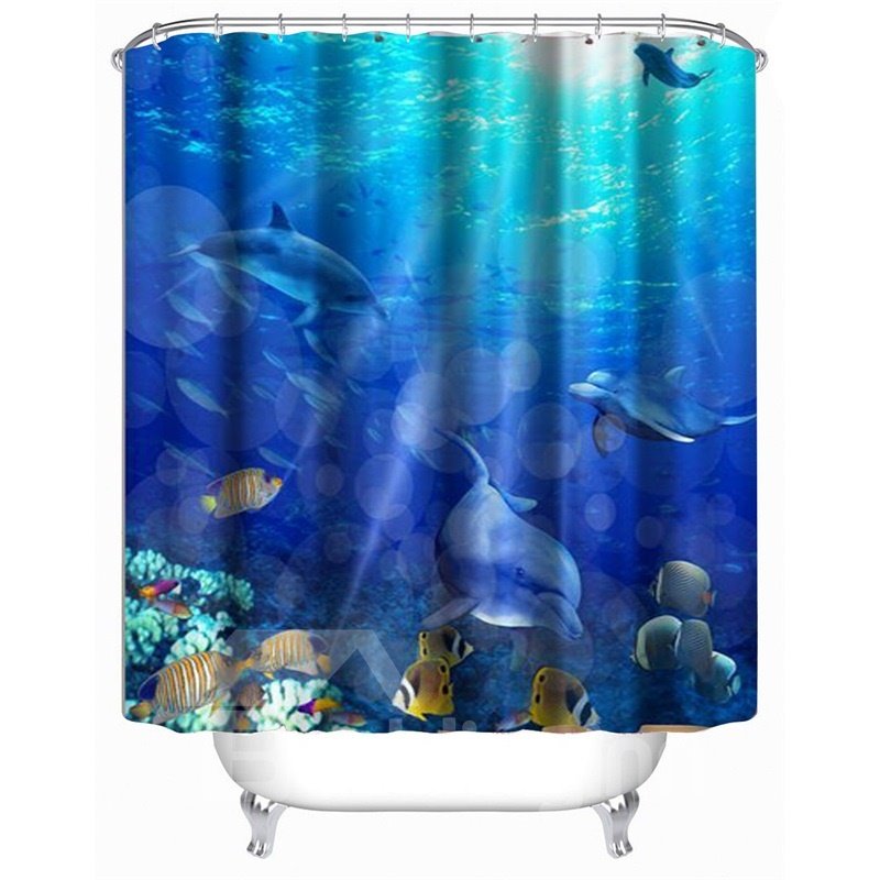 Cortina de ducha ecológica antibacteriana impermeable de poliéster con delfines y peces en 3D en mar azul