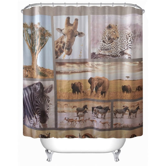 3D Elephants Zebras Leopards and Giraffes Polyester Waterproof Antibacterial and Eco-friendly Shower Curtain