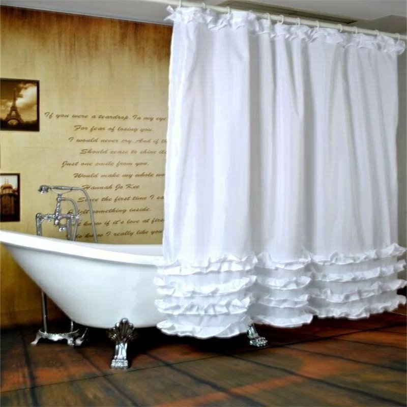 White Ruffles Polyester Waterproof Antibacterial and Eco-friendly Shower Curtain