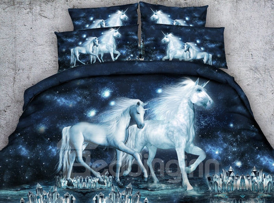 Unicorn and Crystal Printed Polyester 4-Piece 3D Galaxy Bedding Sets/Duvet Covers