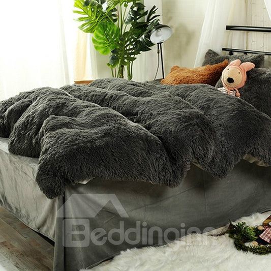 Full Size Solid Grey Super Soft Plush 4-Piece Fluffy Bedding Sets/Duvet Cover