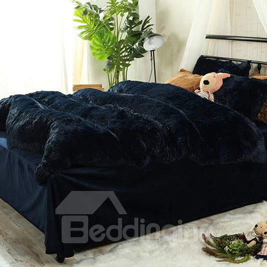 Full Size Navy Blue Super Soft Plush 4-Piece Fluffy Bedding Sets/Duvet Cover