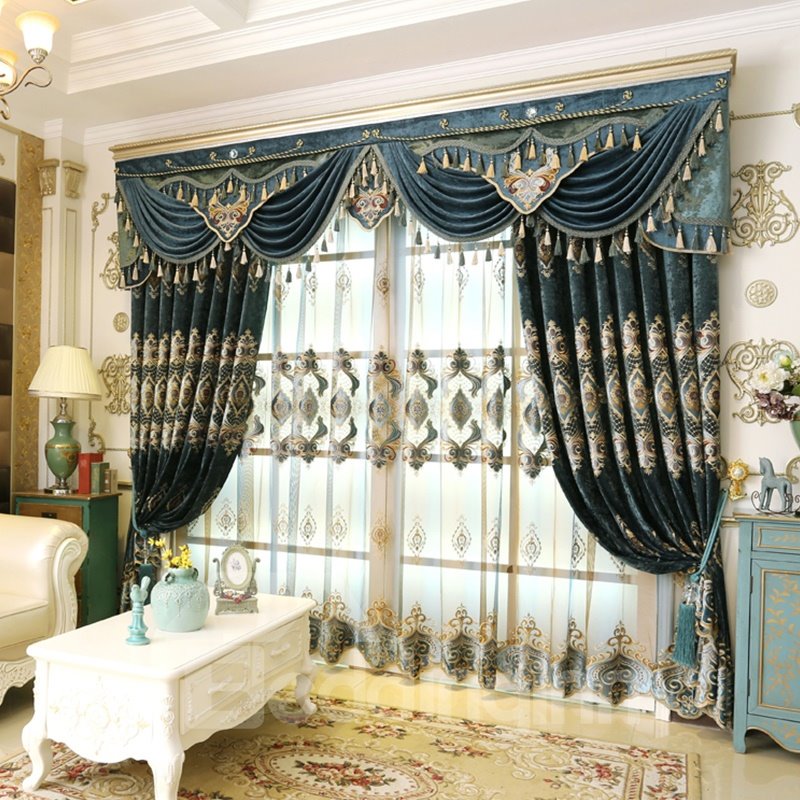 Cortina transparente de poliéster de gasa azul marino de lujo y elegante para sala de estar y dormitorio, decorativa personalizada, sin pelusas, sin decoloración, sin forro, cortina de red