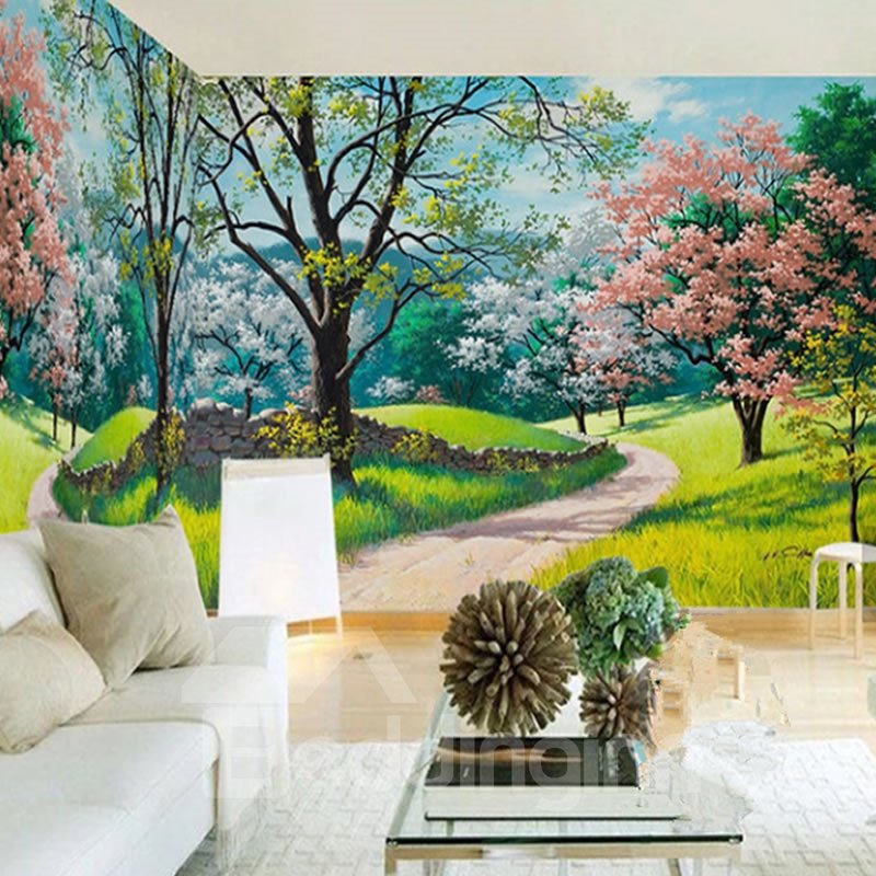 3D Trees and Lawn Printed Sturdy Waterproof and Eco-friendly Wall Mural