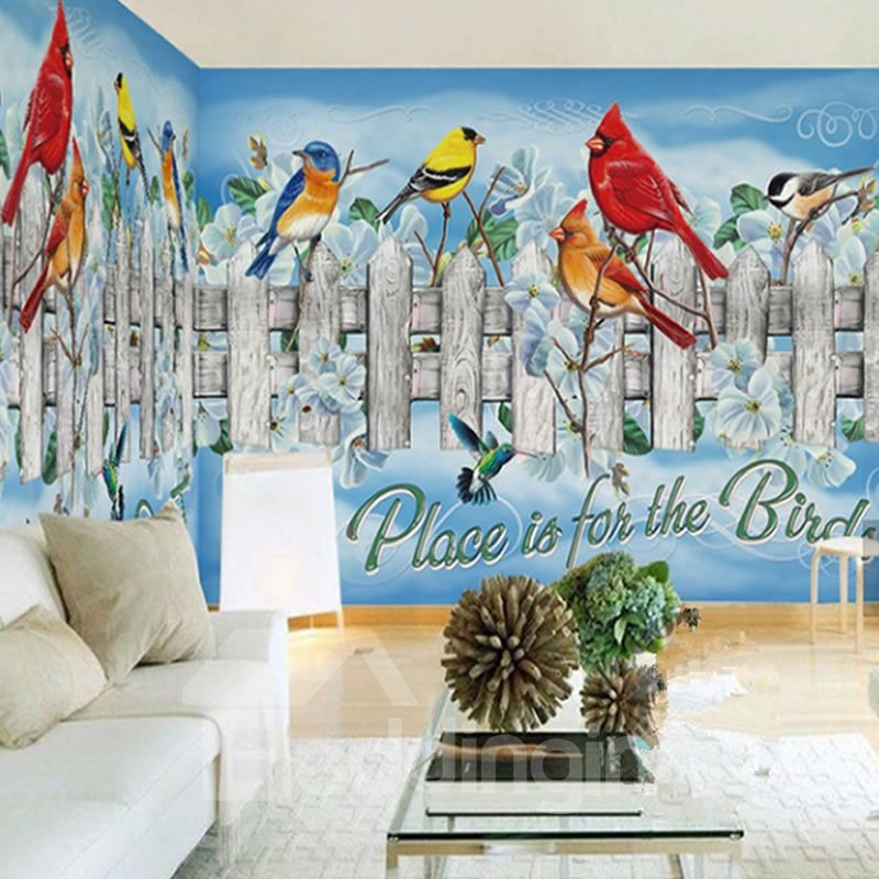 3D Birds on Wooden Railings PVC Sturdy Waterproof and Eco-friendly Wall Mural