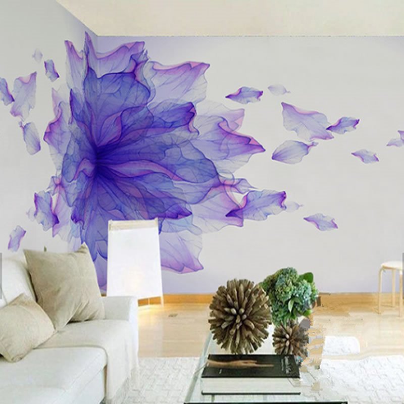 3D Purple Flower Oil Painting PVC Sturdy Waterproof and Eco-friendly White Wall Mural