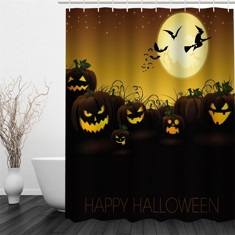 3D Halloween Jack-o-Lanterns Moon Polyester Waterproof Antibacterial and Eco-friendly Shower Curtain