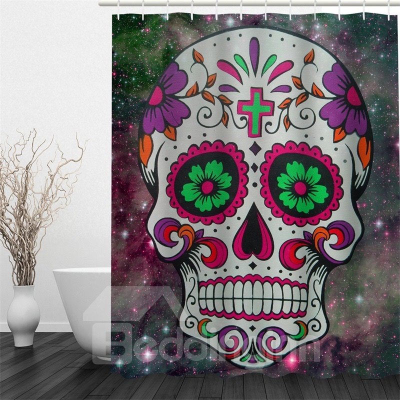 3D Floral Skull Printed Polyester Waterproof Antibacterial and Eco-friendly Shower Curtain