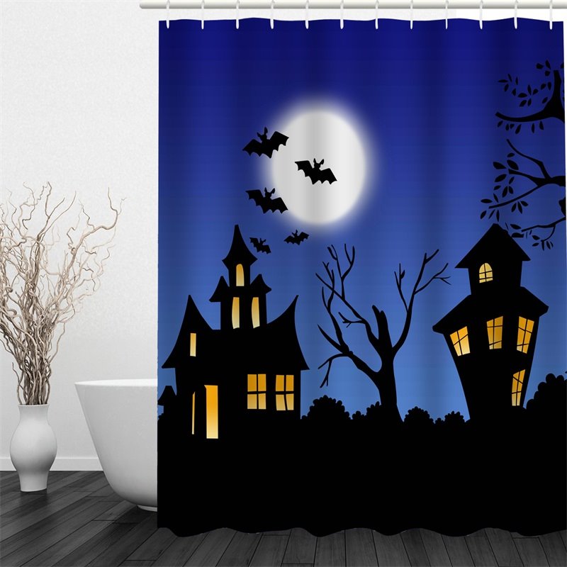 3D Halloween Bat House Polyester Waterproof Antibacterial and Eco-friendly Blue Shower Curtain