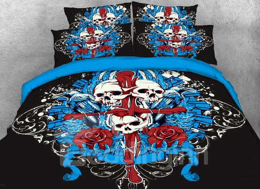 Halloween Totenkopf und Kreuz bedruckte 4-teilige 3D-Bettwäsche-Sets/Bettbezüge Schwarz Blau 