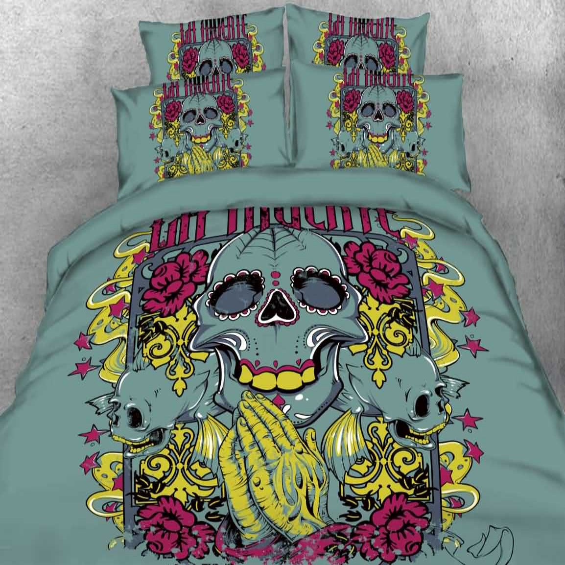 Gothic Bedding Set, Skull Printed 4-Piece Duvet Cover Set Microfiber with Flat Sheet 2 Pillowcases