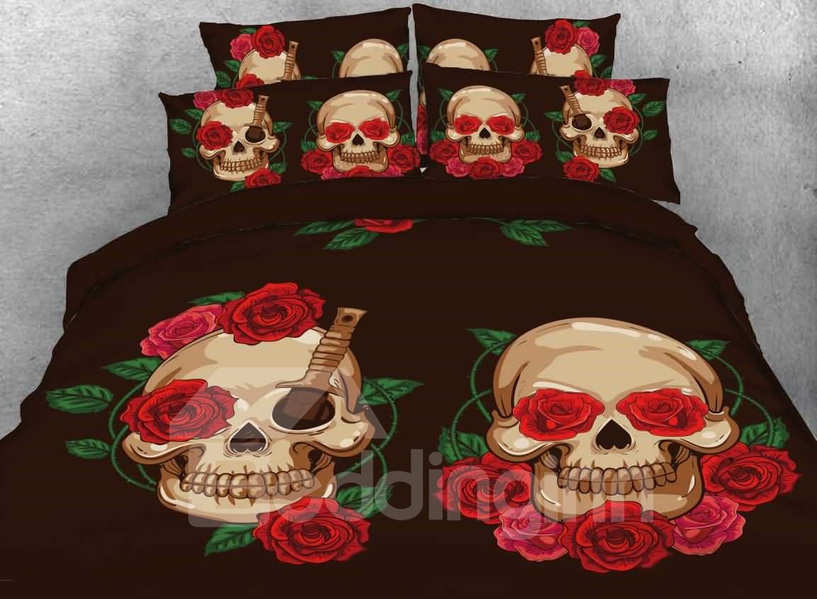 Bedruckte 4-teilige 3D-Bettwäsche-Sets/Bettbezüge mit Halloween-Schädel und roter Rose aus Mikrofaser 