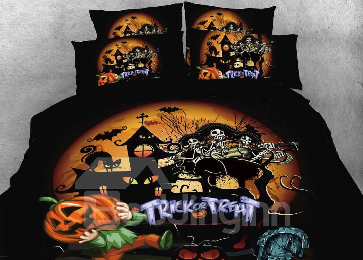 Totenkopf und Halloween-Party, bedruckt, 4-teilig, 3D-Bettwäsche-Sets/Bettbezüge, Polyester, Schwarz
