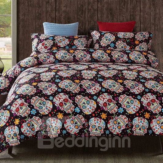 3D Colorful Floral and Skulls Printed Polyester 3-Piece Bedding Sets/Duvet Covers