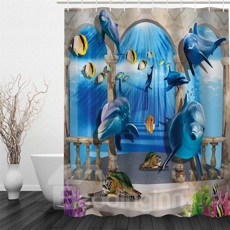 Wasserdichter, antibakterieller und umweltfreundlicher Duschvorhang aus Polyester mit 3D-Motiv, bedruckt mit blauen Delfinen