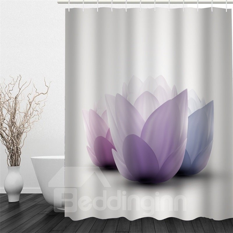 3D Purple Flowers Printed Polyester Waterproof Antibacterial Eco-friendly White Shower Curtain