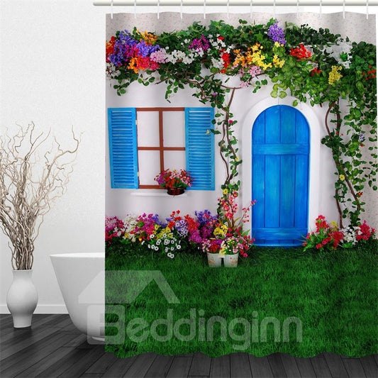 3D Green Lawn Flowers House Polyester Waterproof Antibacterial and Eco-friendly Shower Curtain