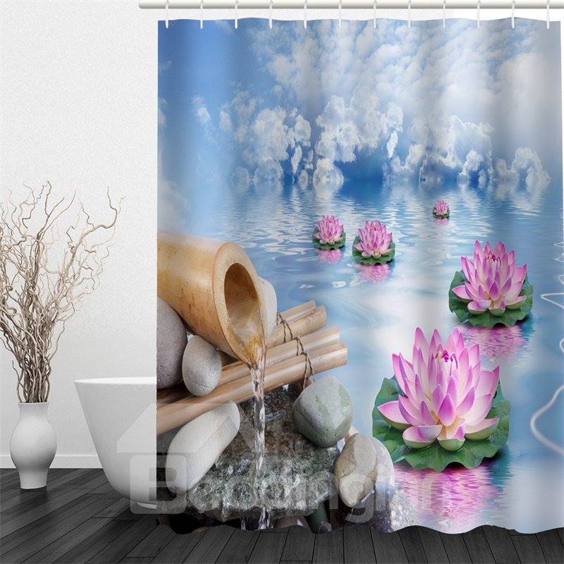 3D Lotus in River Polyester Waterproof Antibacterial and Eco-friendly Shower Curtain